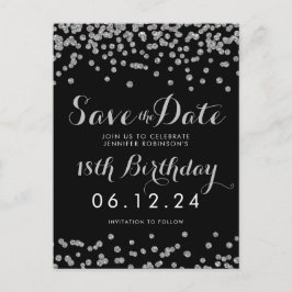 Postal De Anuncios Silver 18th Cumpleaños Save Date Confetti Black
