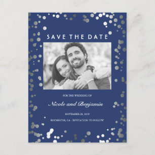 Postal De Anuncios Silver Confetti Elegant Navy Photo Save the Date