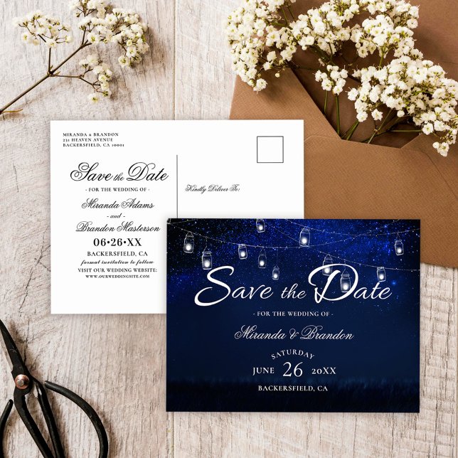 Postal De Anuncios Silver Mason Jar String Lights Blue Save the Date (Subido por el creador)