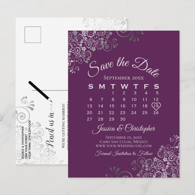 Postal De Anuncios Silver Plum Purple Wedding Save the Date Calendar (Anverso / Reverso)