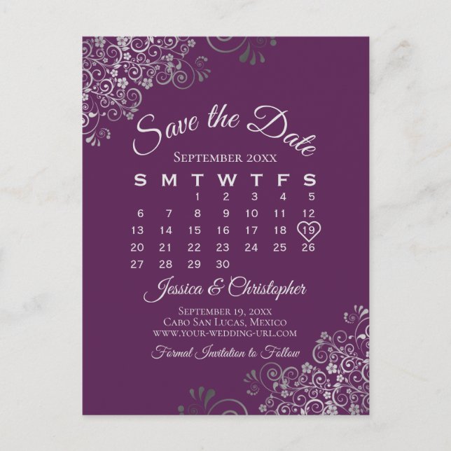 Postal De Anuncios Silver Plum Purple Wedding Save the Date Calendar (Anverso)
