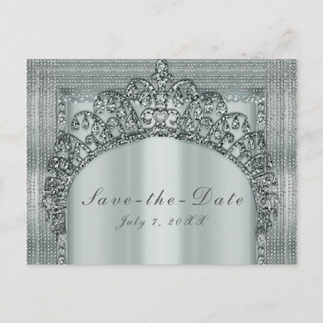 Postal De Anuncios Silver Tiara Crown & Diamond Bling Save the Date (Anverso)