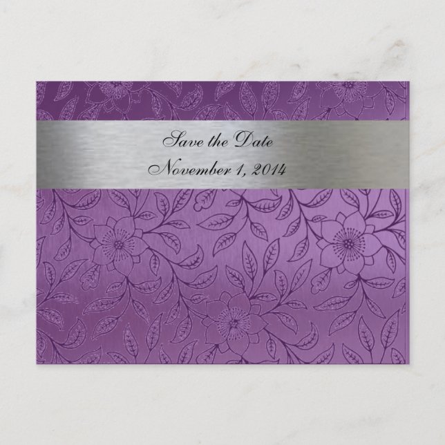 Postal De Anuncios Silver y Purple Metallic Save the Date (Anverso)