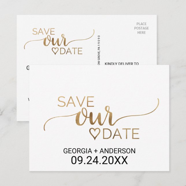 Postal De Anuncios Simple caligrafía de oro Boda Guardar la fecha (Anverso / Reverso)