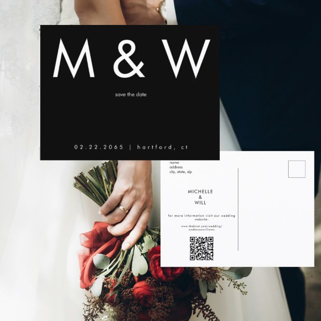 Postal De Anuncios Simple código QR B/W Monograma Guardar Fecha (Subido por el creador)