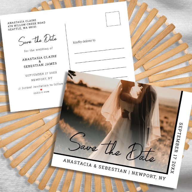 Postal De Anuncios Simple Elegante Script Foto en Blanco y Negro Boda (Simple Elegant Script Black & White Photo Wedding Announcement Postcard)