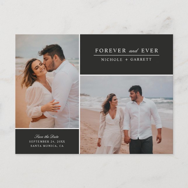 Postal De Anuncios Simple Forever Two Foto Save the Date | Negro (Anverso)