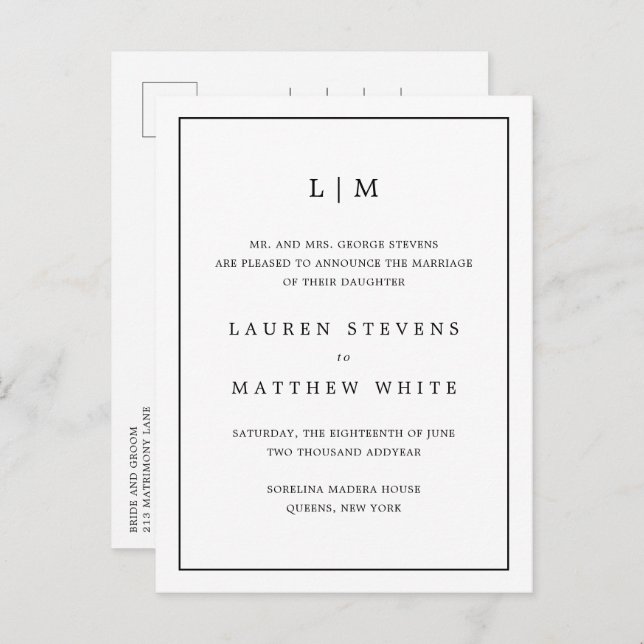 Postal De Anuncios Simple Monograma Elegante en Blanco y Negro para B (Anverso / Reverso)