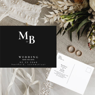 Postal De Anuncios Simple Monograma Negro Ahorra la Fecha de Boda