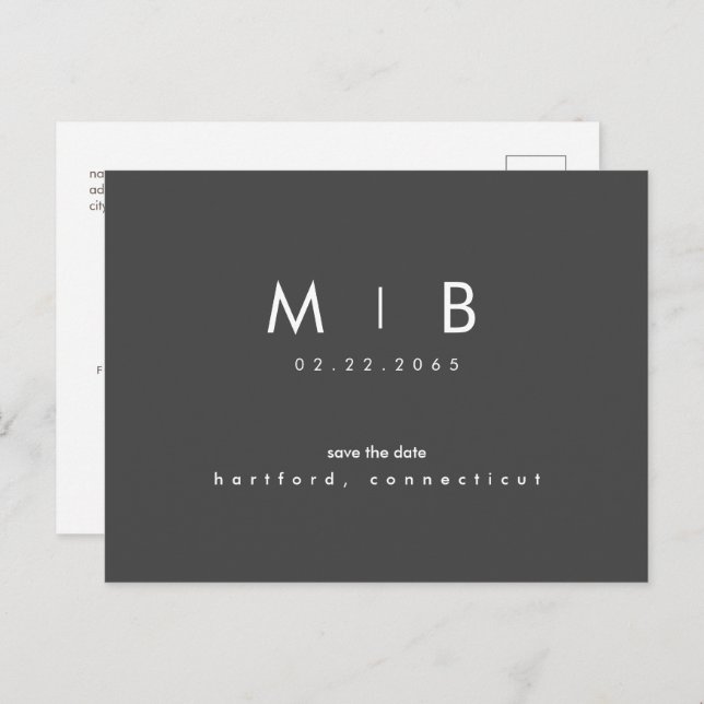 Postal De Anuncios Simple Save the Date Monogram Charcoal (Anverso / Reverso)