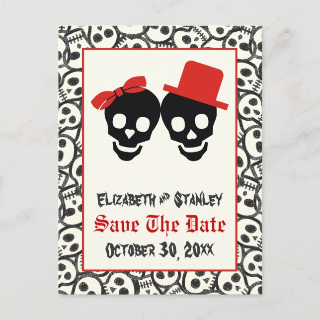 Postal De Anuncios Skulls Halloween boda negra roja Save the Date (Anverso)