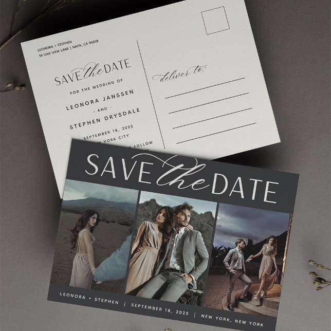 Postal De Anuncios Smooth Script | Three Photo Wedding Save the Date (Subido por el creador)