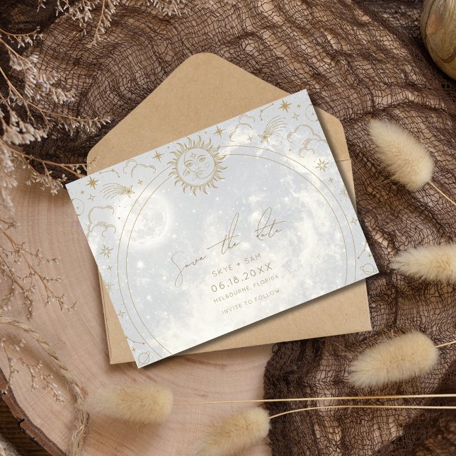 Postal De Anuncios Sol Celeste Luna Estrellas Boda Salva la Fecha (Celestial Sun Moon Stars Wedding Save the Date)