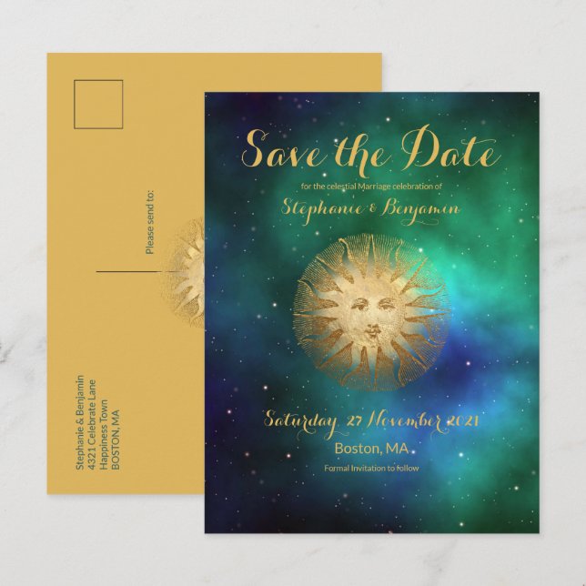 Postal De Anuncios Sol Celestial Turquesa Dorado Brillante Salva la F (Anverso / Reverso)