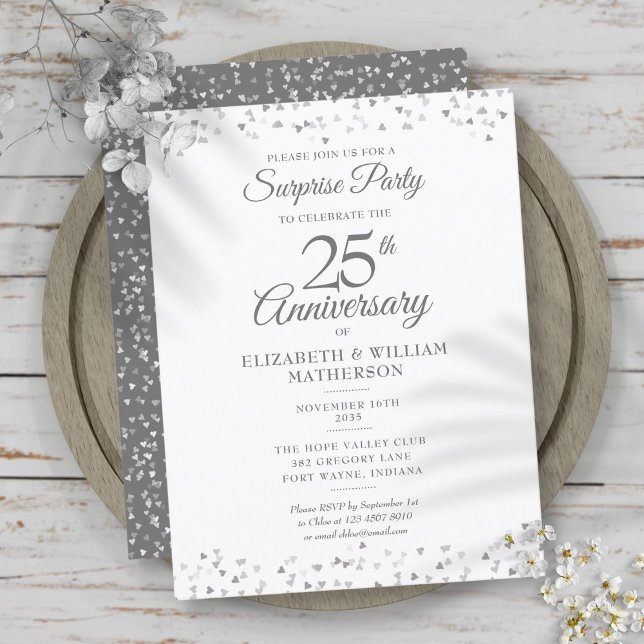 Postal De Anuncios Sorpresa Fiesta 25 años Corazones Plateados (Subido por el creador)