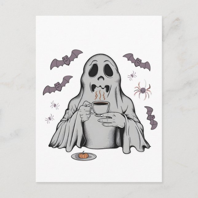 Postal De Anuncios Spooky Ghost Drinking Coffee Caffeine Halloween (Anverso)
