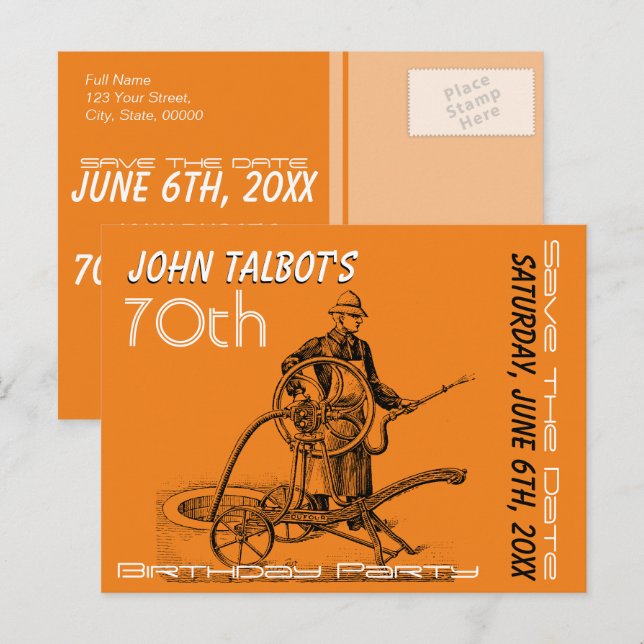 Postal De Anuncios Sprinkler o Fireman 70th Birthday Save The Date (Anverso / Reverso)