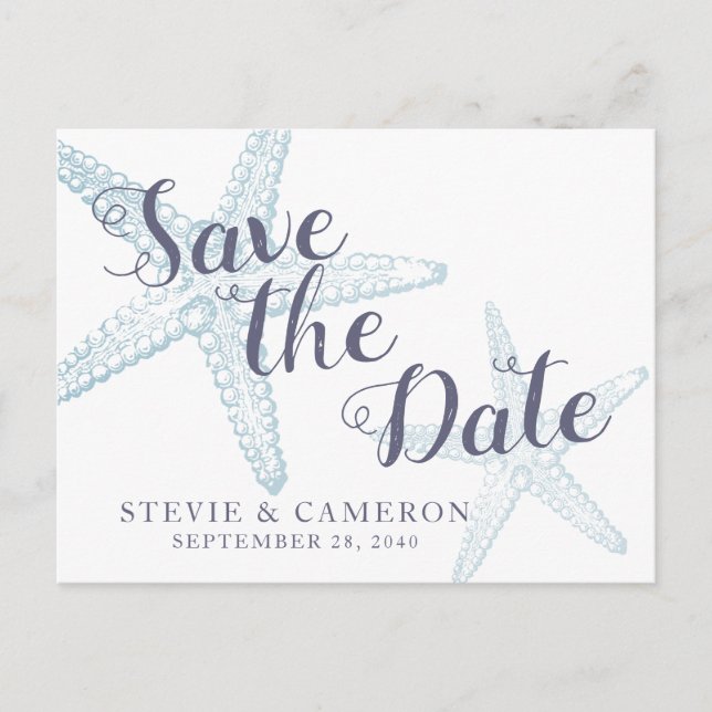 Postal De Anuncios Starfish Beach Wedding Dusty Blue Save the Date (Anverso)