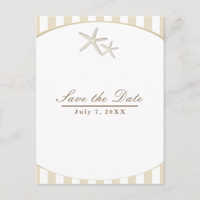 Postal De Anuncios Starfish Tan Striped Modern Beach Save the Date (Anverso)