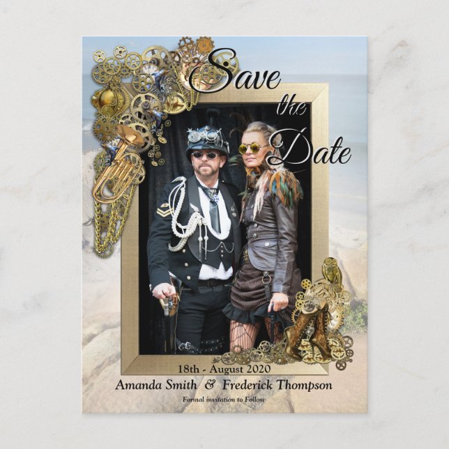 Postal De Anuncios Steampunk Boda por el mar Salven la fecha (Anverso)