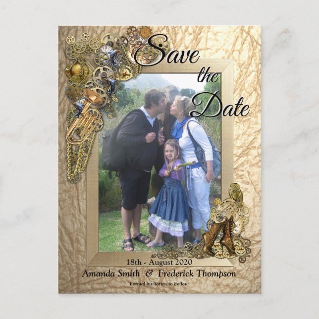 Postal De Anuncios Steampunk en cuero dorado Save the Date (Anverso)
