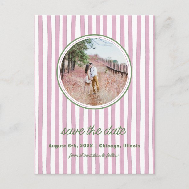 Postal De Anuncios Striped pink and greensave the date photo postcard (Anverso)