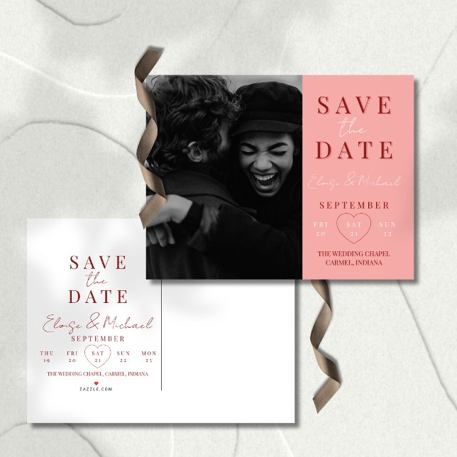 Postal De Anuncios Stylish Pink Calendar Photo Wedding Save The Date (Invite guests to save the date with this Stylish Calendar Photo Double-sided Save The Date Invite!)