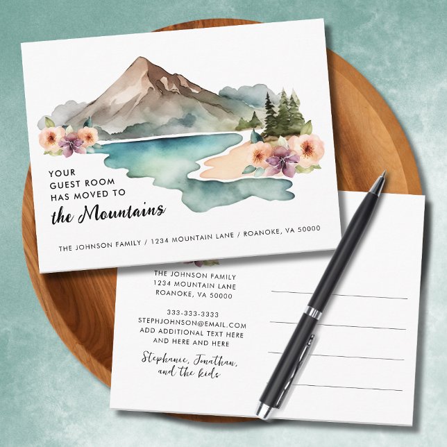 Postal De Anuncios Su Habitación Ha Movido Montañas En Movimiento (Your Guestroom Has Moved to the Mountains New Address Announcement Postcard)