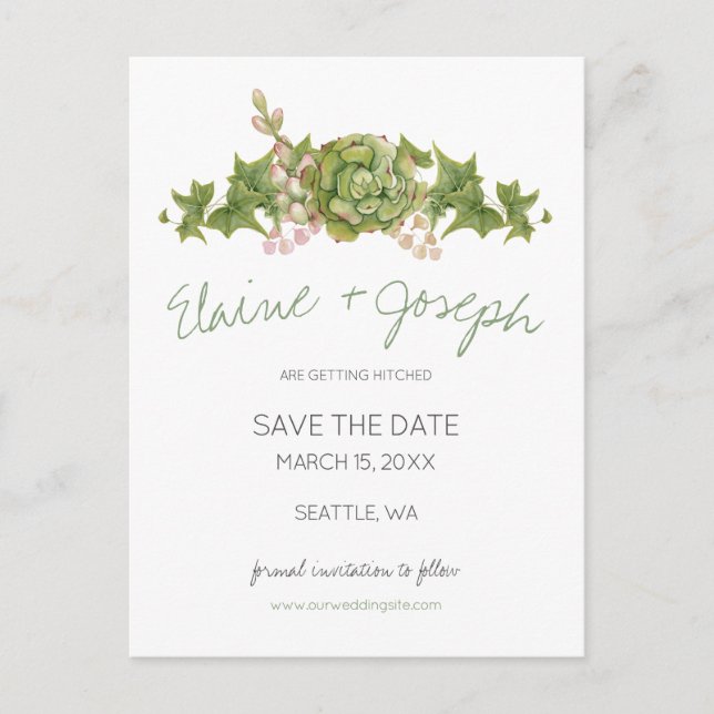 Postal De Anuncios Suculentas Boda Rústica guardar la fecha (Anverso)