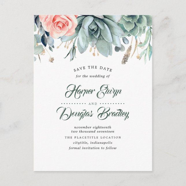 Postal De Anuncios Suculentas y Rosa Botánica Rosa Salva la Fecha (Anverso)