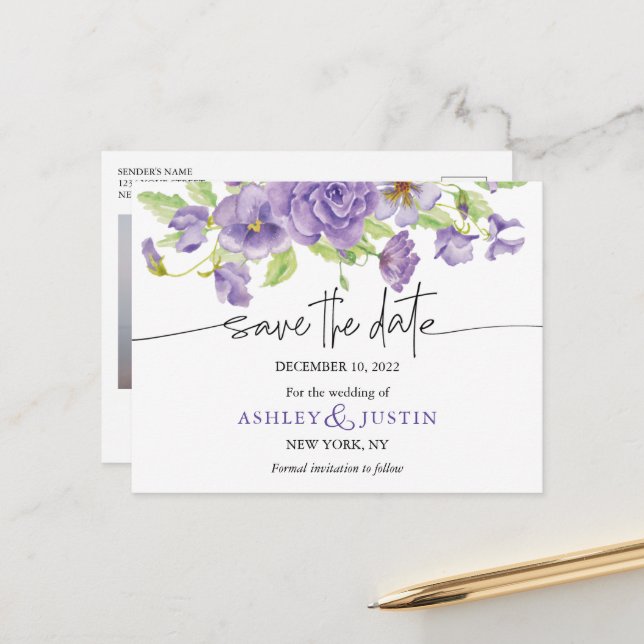 Postal De Anuncios Sueños morados flores de boda elegantes (Anverso/Reverso In Situ)