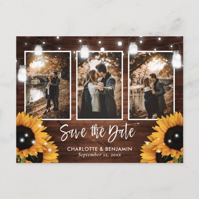 Postal De Anuncios Sunflower Mason Jar Barn Wood Photo Save The Date (Anverso)