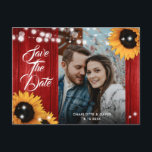 Postal De Anuncios Sunflower Red Wood Wedding Photo Save The Date<br><div class="desc">Rustic red and sunflower wedding photo save the date postcard featuring sunflowers and string lights on a barn wood background. Ideal card design for inviting your guest to your red rustic country,  garden or barn wedding party inspired by sunflower flowers.</div>