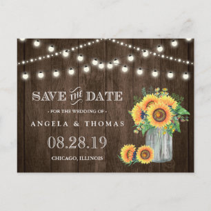 Postal De Anuncios Sunflowers Save the Date Rustic Wood String Lights