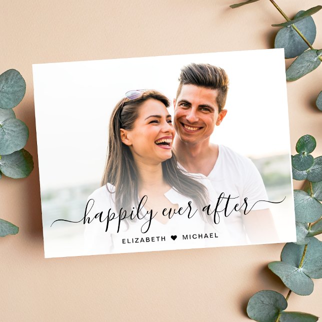 Postal De Anuncios Superposición de foto con escritura elegante para  (A chic happily ever after photo engagement announcement)
