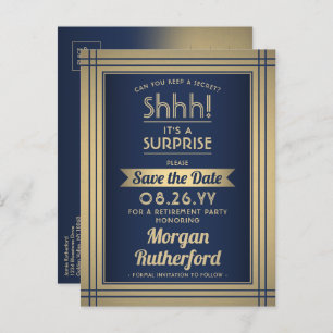 Postal De Anuncios Surprise Retirement Fiesta Navy Gold Save the Date