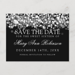 Postal De Anuncios Sweet 16 Salve La Fecha Luces De Plata Brillantes