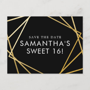 Postal De Anuncios Sweet 16 Save the Date Black Gold Geometric