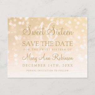Postal De Anuncios Sweet 16 Save The Date Gold Bokeh Sparkle Lights