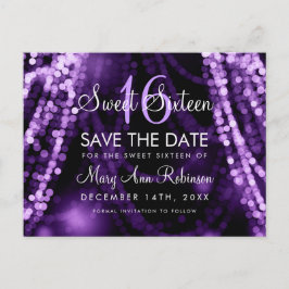Postal De Anuncios Sweet 16 "Save The Date" Luces De Cadena Púrpura