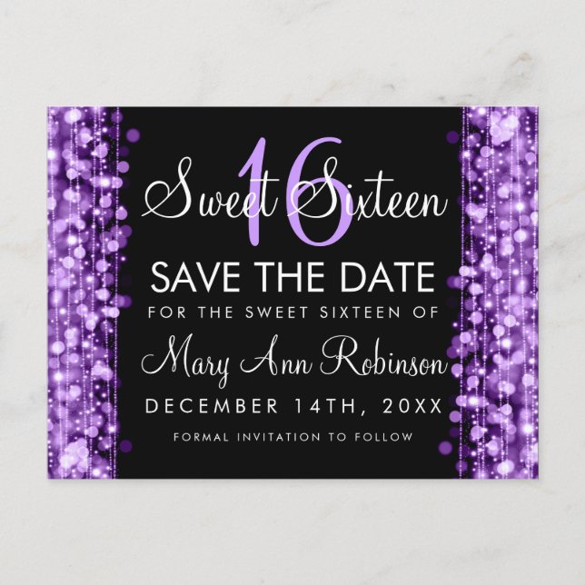 Postal De Anuncios Sweet 16 Save The Date Purple Fiesta Sparkles (Anverso)