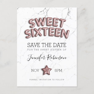 Postal De Anuncios Sweet 16 Save The Date Rosa Gold Balloons Purpurin