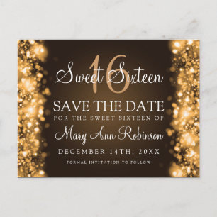 Postal De Anuncios Sweet 16 "Save The Date" Sparkling Lights Gold