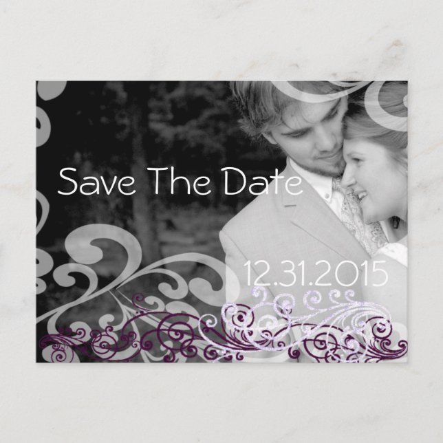 Postal De Anuncios Swirly Photo Save the Date Eggplant & Berry (Anverso)