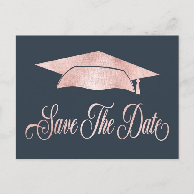 Postal De Anuncios Tapa de graduación de oro rosa Save The Date Azul (Anverso)