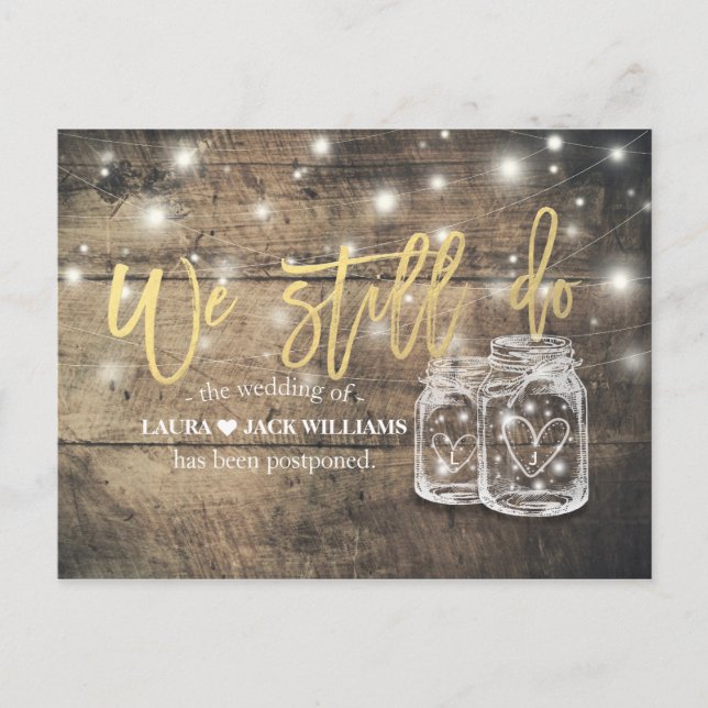 Postal De Anuncios Tarros de madera para aplazamiento de boda Still D (Anverso)