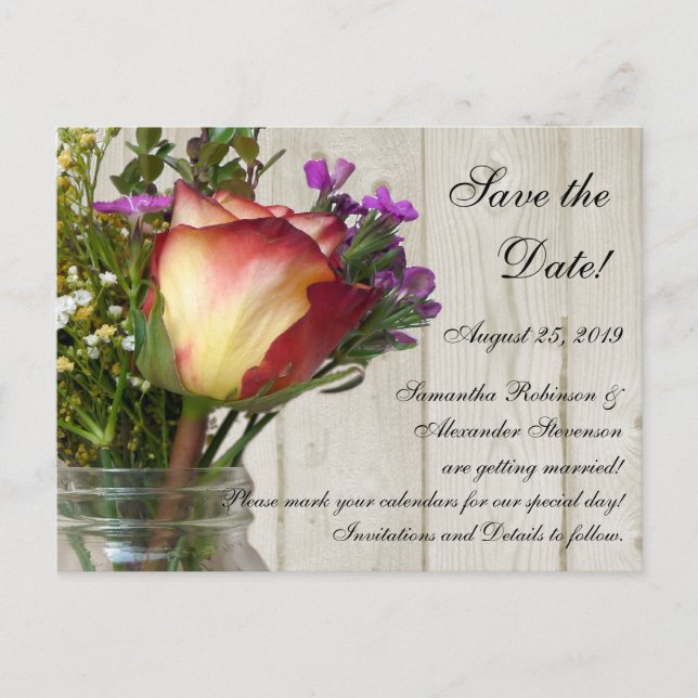 Postal De Anuncios Tarros de Mason con Rosa y Flores Silvestres (Anverso)