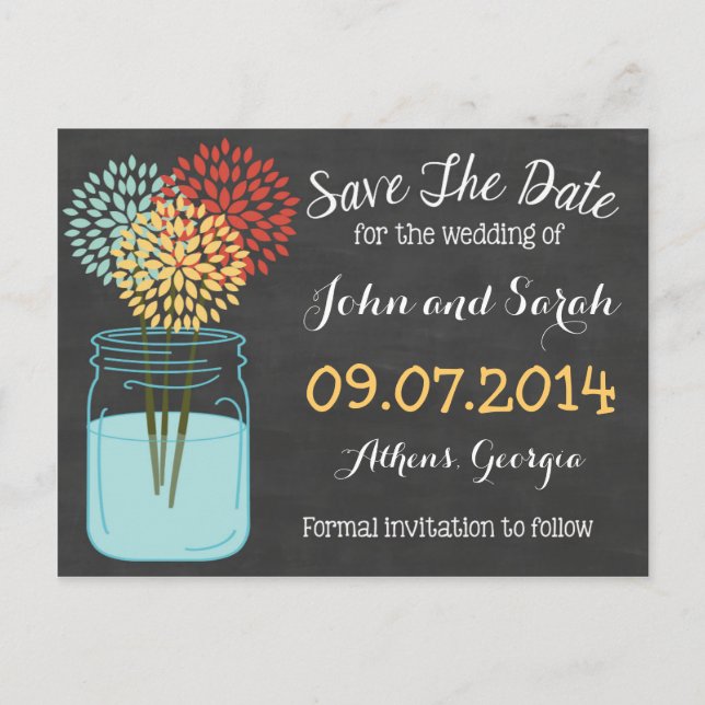 Postal De Anuncios Tarros de Mason Pizarra Save the Date (Anverso)