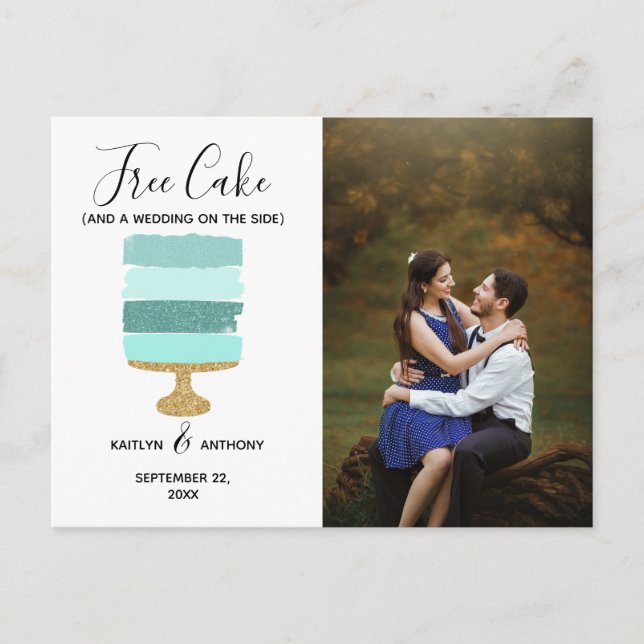 Postal De Anuncios Tarta Gratuita Divertida Foto Moderna Boda Save Th (Anverso)