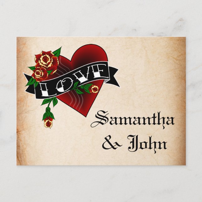Postal De Anuncios Tattoo Heart y el Rosa Guardar la fecha (Anverso)
